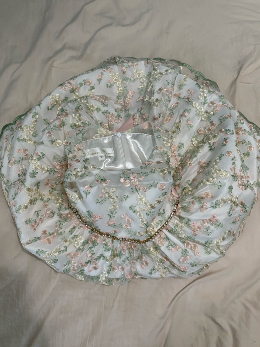American Princess White Floral Embroidered Dress with Pink & Green Accents
